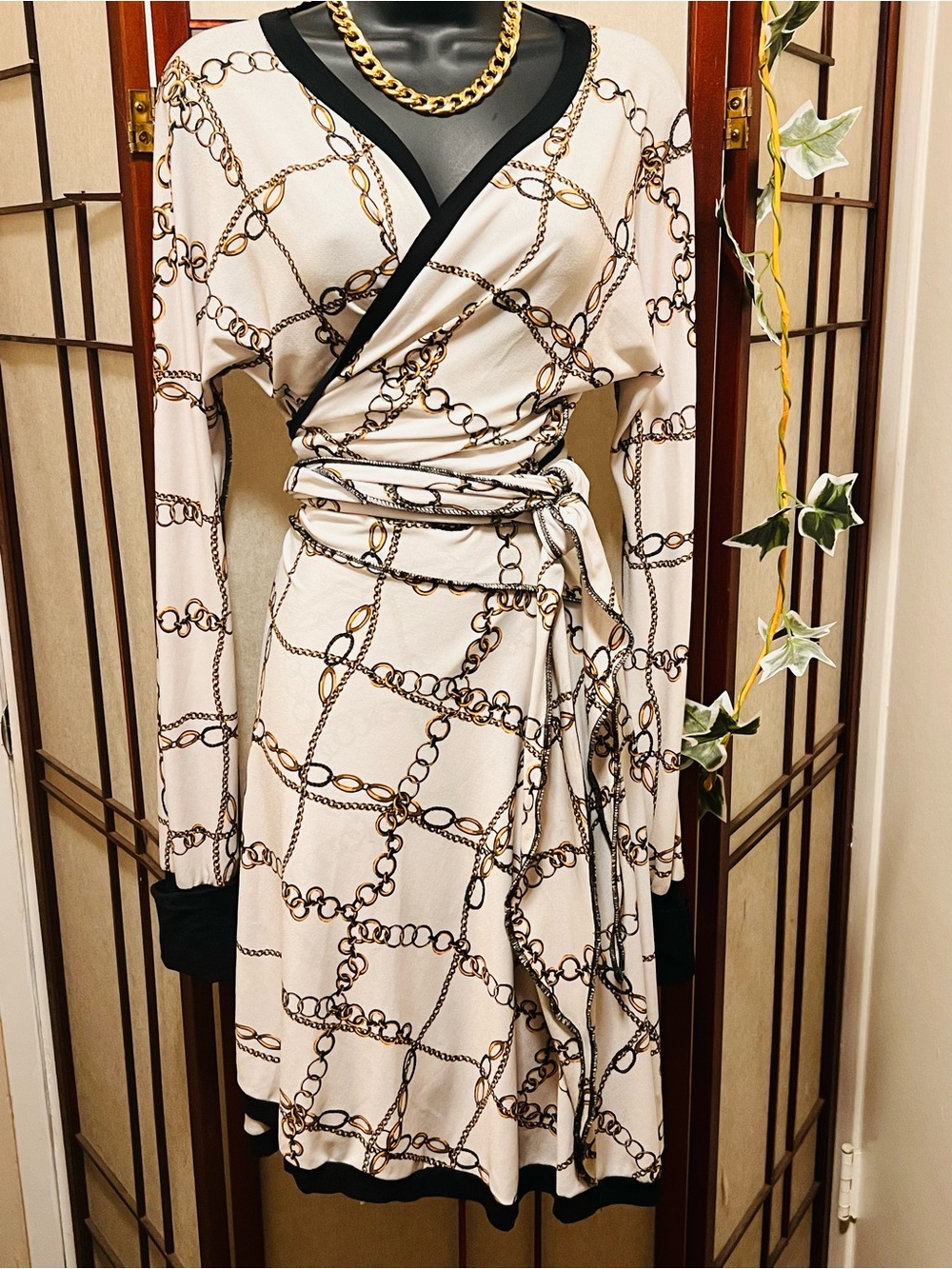 Chain-Print Wrap Dress in Cream with Black Trim